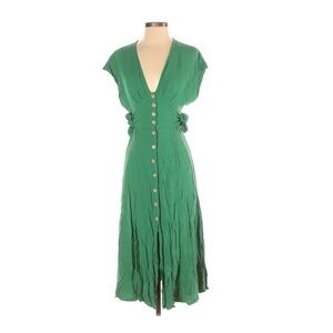 Green Midi Short Sleeve Flowy Waist Tie Dress